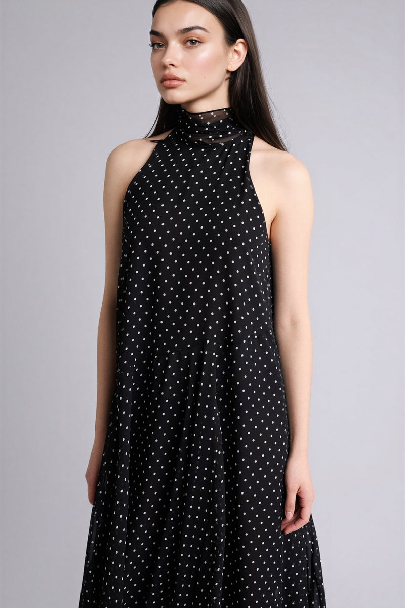 DeFacto Black Woman Asymmetric Degaje Neck Dot Printed Chiffon Midi Dress Casual - Image 5